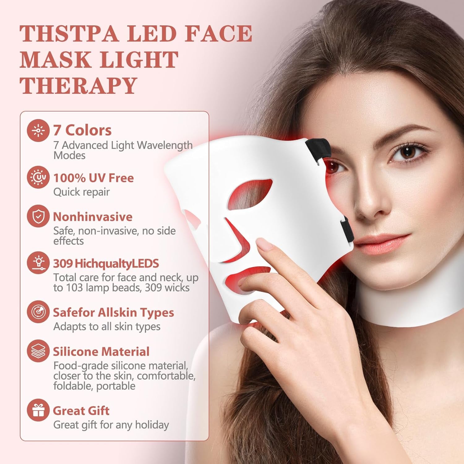 Led Face Mask Light Therapy,Red Light Therapy for Face and Neck,7 Colors LED Facial Skin Care Mask,5 Level Brightness Adjustment,309 LED Beads Can Be Used at Home,White