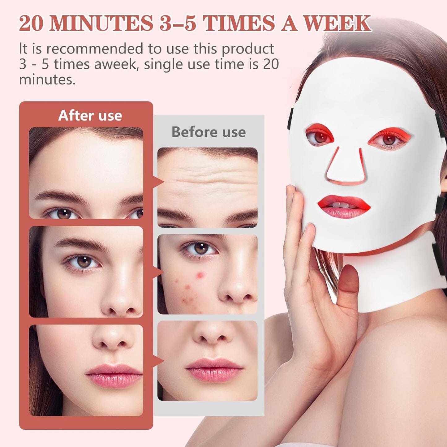 Led Face Mask Light Therapy,Red Light Therapy for Face and Neck,7 Colors LED Facial Skin Care Mask,5 Level Brightness Adjustment,309 LED Beads Can Be Used at Home,White